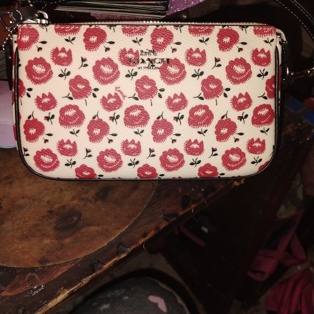 Coach White and Red Floral Wristlet